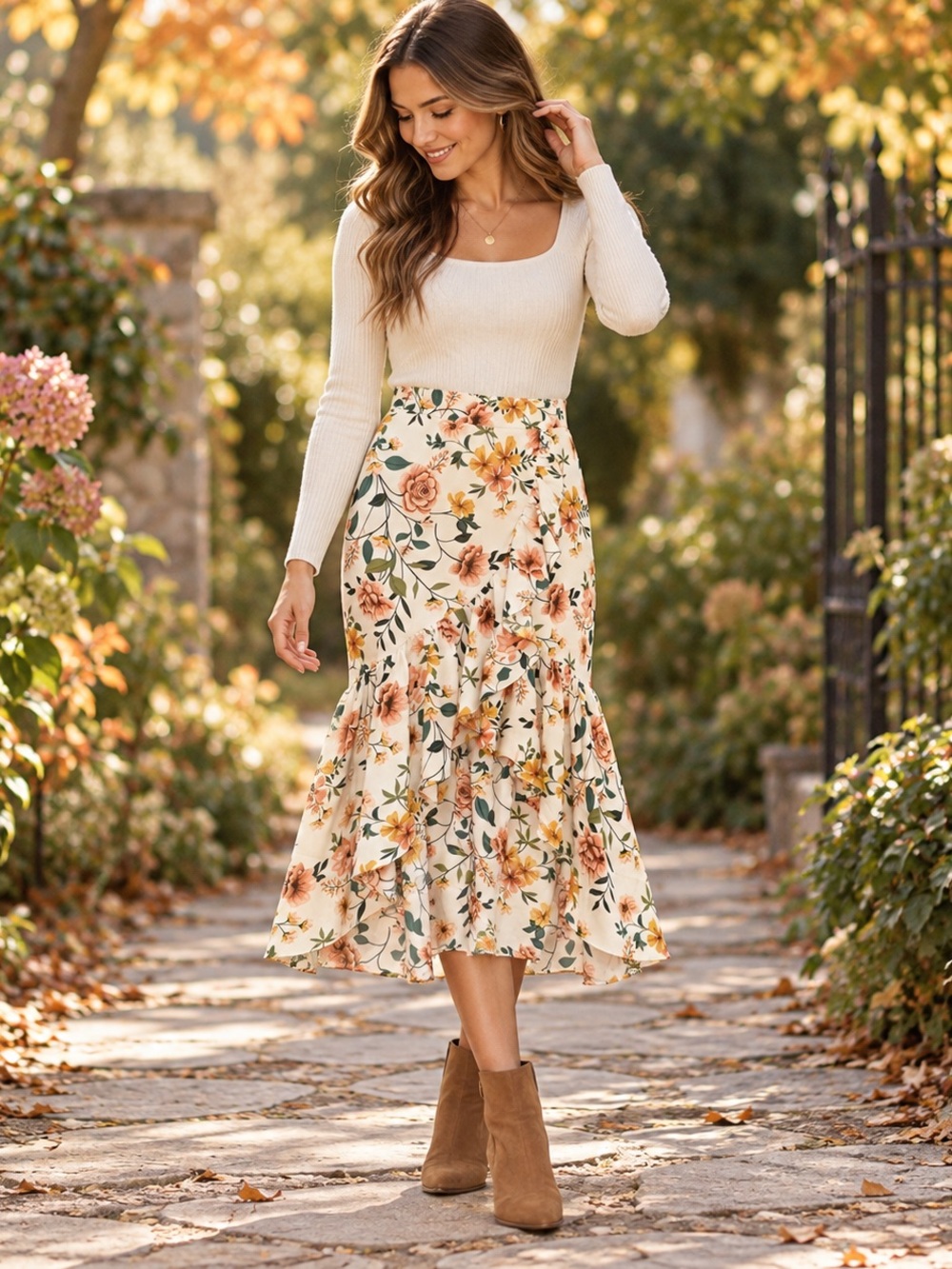 Milk & Honey Floral Ruffle Midi Skirt Size L Romantic Cottagecore Fall